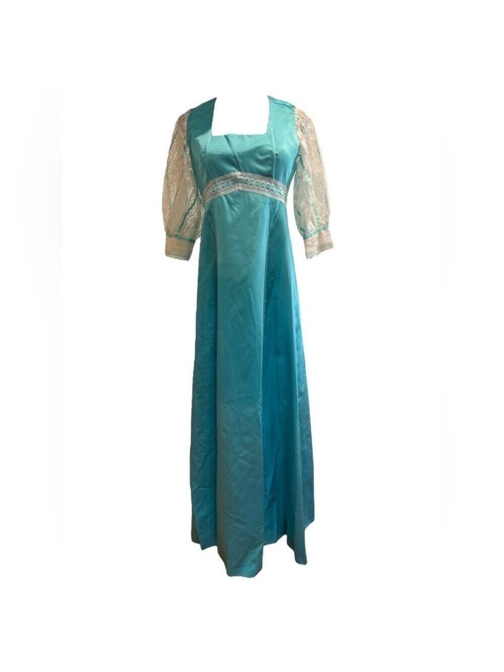 70s HANDMADE SATIN TURQUOISE BLUE SQUARE NECK MAXI DRESS LACE 3/4 SLEEVES & SASH - Picture 3 of 8